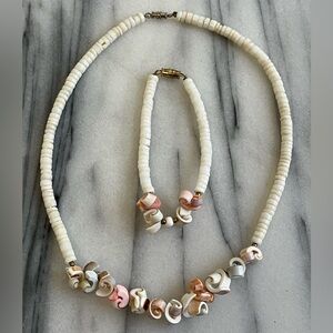 VTG White Puka Shell Beads w/ Pink & Black Swirl Shells 16” Necklace & Bracelet